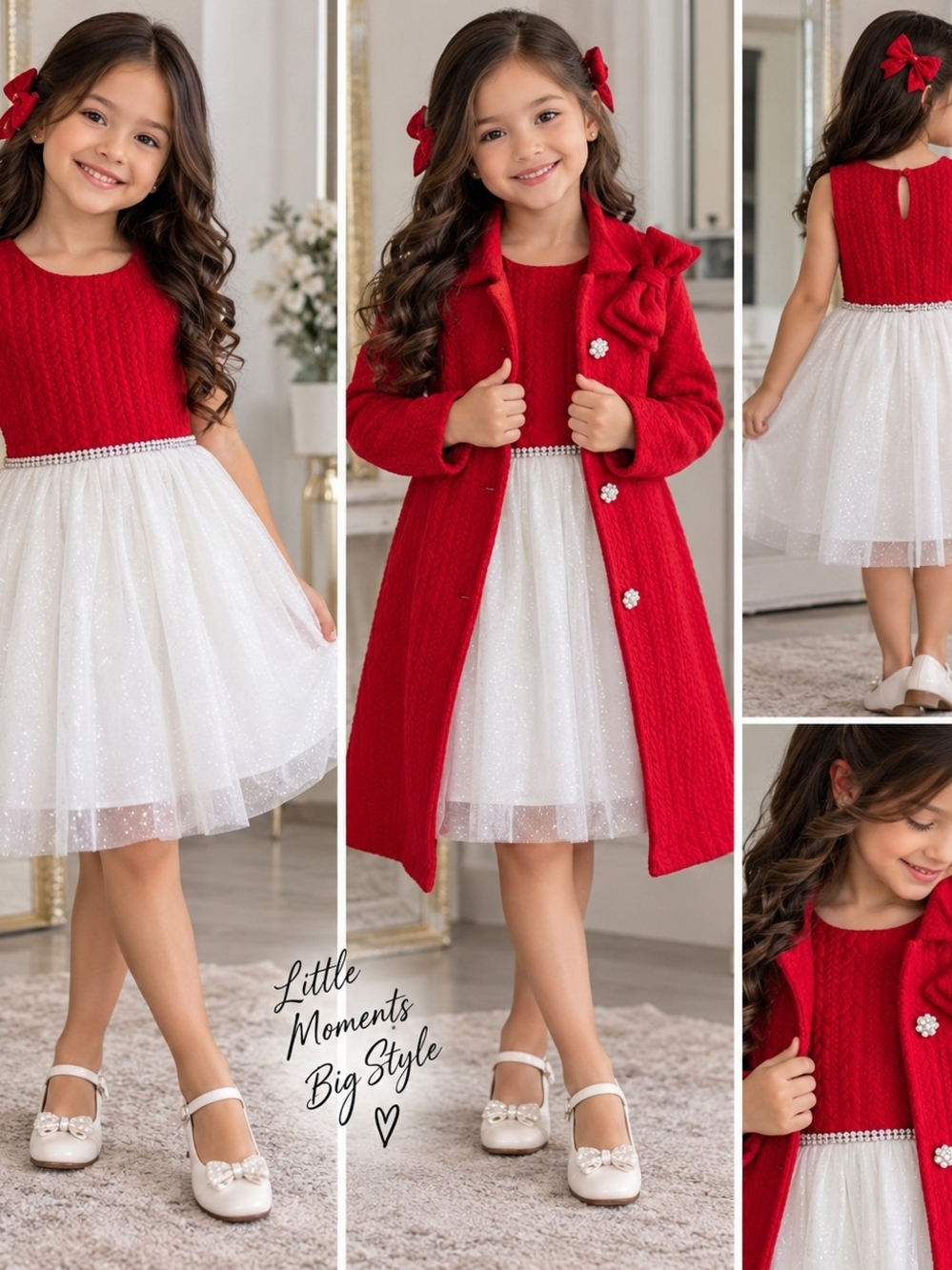 Little Moments Red Knit and White Tulle Party Dress with Pearl Belt